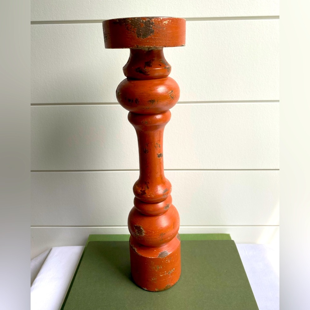 Hand Carved 15 Inch Wooden Candle Holder Distressed Red Châteaucore Cabincore